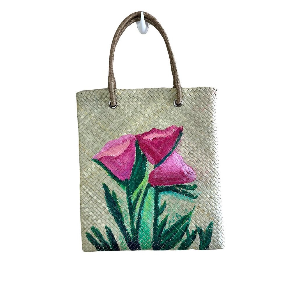 Hand Painted Vintage Straw Hand-made Floral Tote Bag